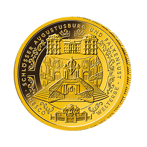 Bildseite 100-Euro-Goldmünze „UNESCO Welterbe: Schlösser Augustusburg und Falkenlust“